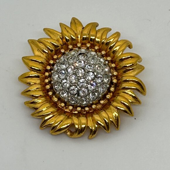 Joan Rivers Jewelry - Joan Rivers Sunflower Brooch With Gold Tone Petals Rhinestone Center Vintage
